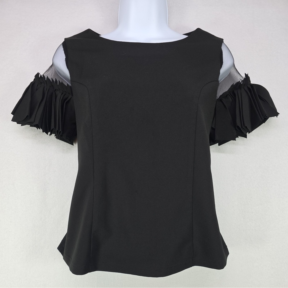 Forever 21 Chic Black Fitted Edgy Mesh Shoulder Formal Blouse w/ Chunky Fringe